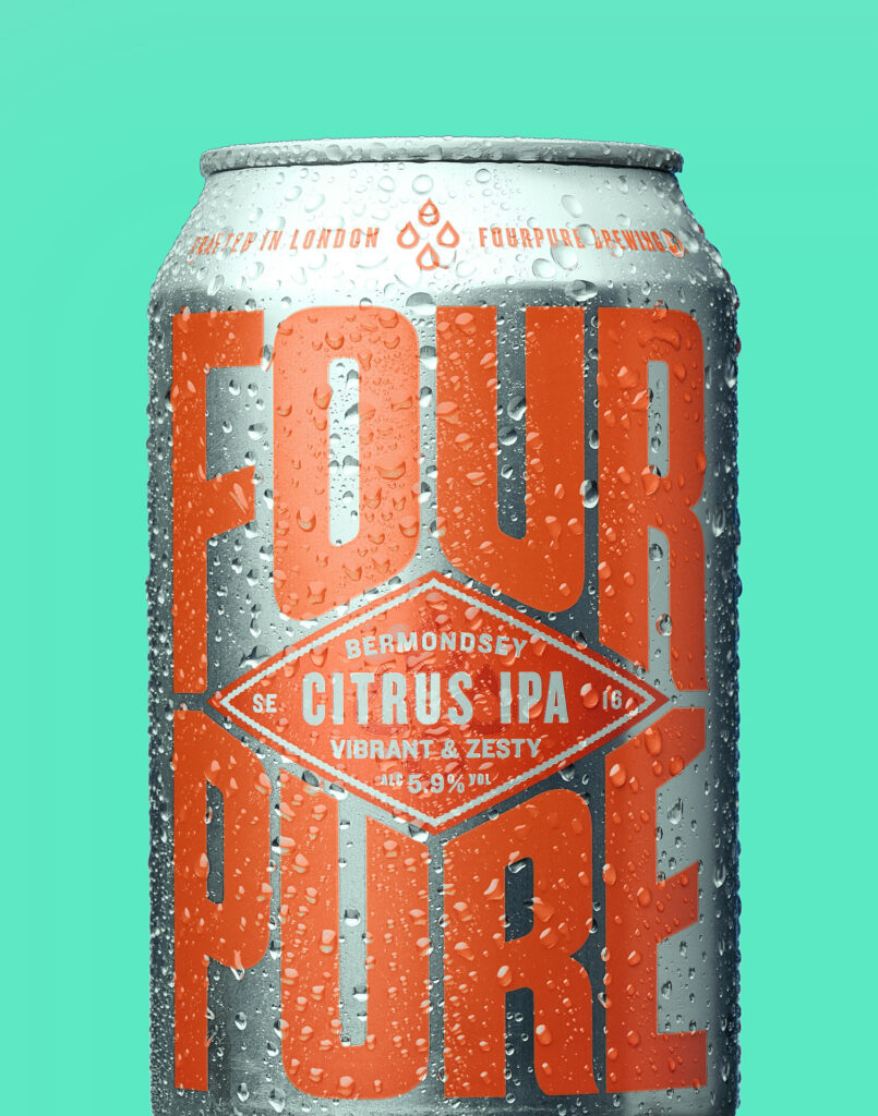 A can of Bermondsey Four Pure Citrus IPA chilled and frosted up close on a green. Photographed by Mark from Wildsmith Photography. Commercial food photographer and drink photographer based in London and Sheffield.background.Sheffield's food and drink's photographer Mark Wildsmith. Photographed by Mark from Wildsmith Photography. Commercial food photographer and drink photographer based in London and Sheffield.