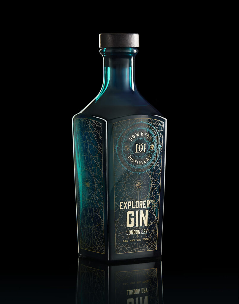 Downton Distillery Explorer's Gin photographed on a black background, Sheffield's food and drink's photographer Mark Wildsmith.
